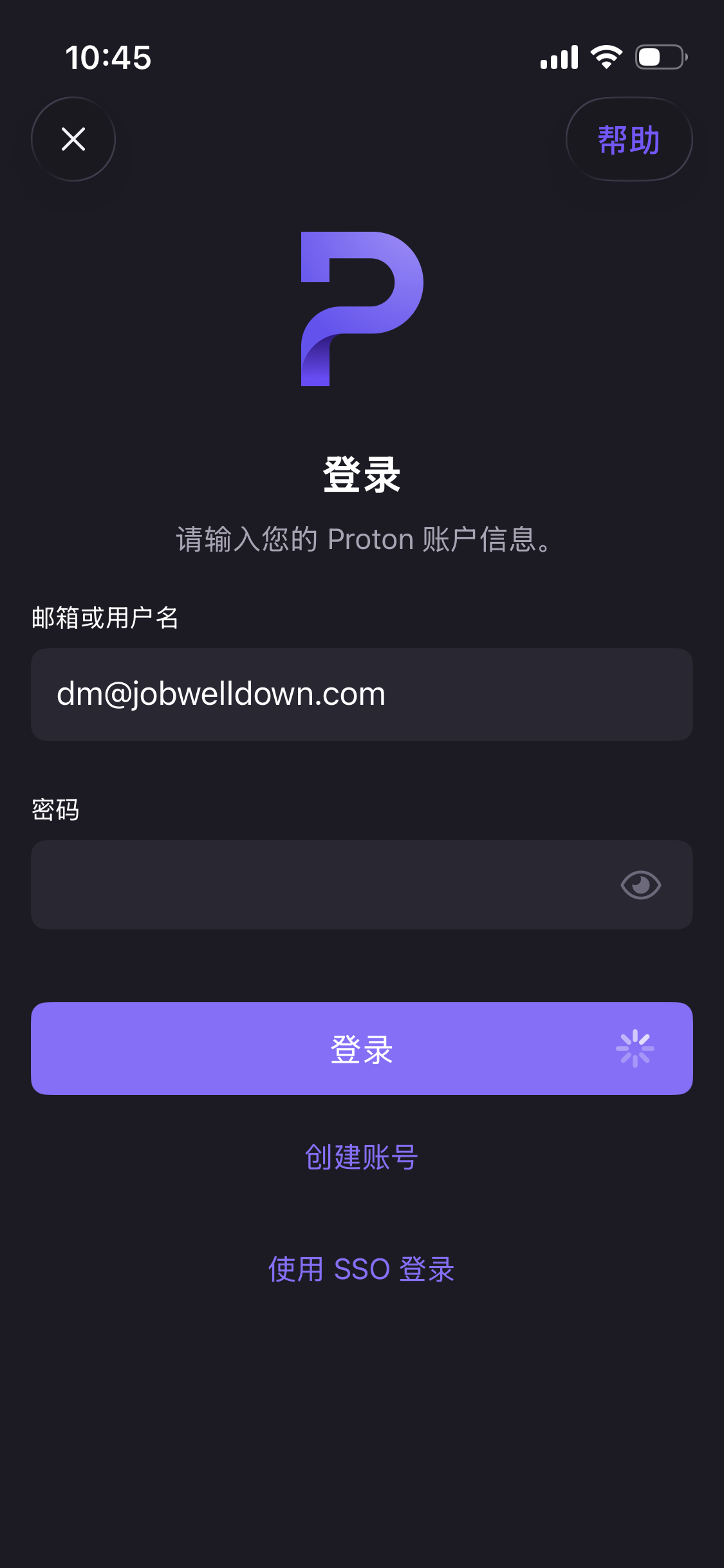 Proton VPN 移动端登录界面