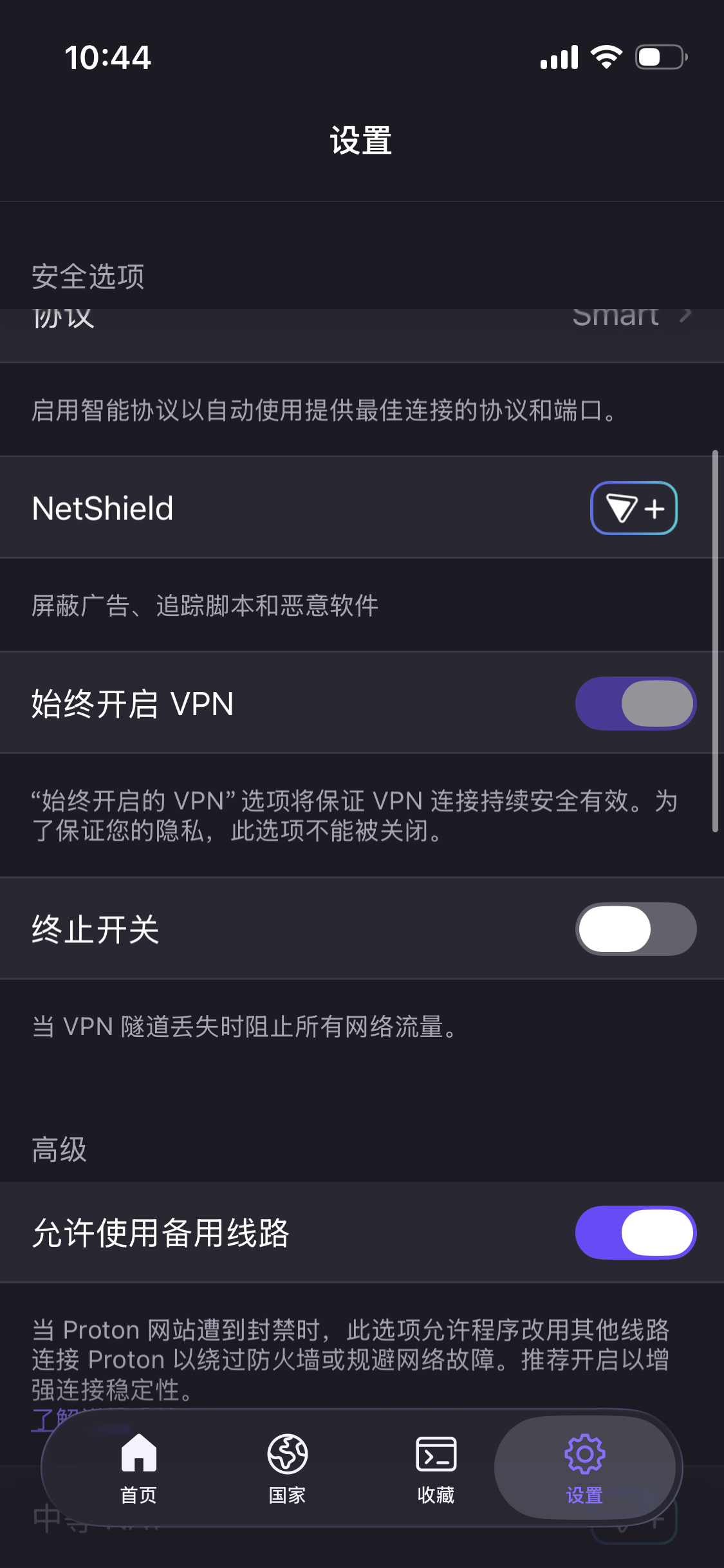 Proton VPN 移动端设置界面